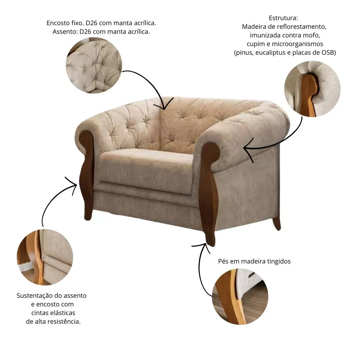 Ver mais imagens de Conjunto Estofado 2 Lug. e Poltrona Capitonê Madeira Nobre Linho Bege Adhara - Harmônica Móveis