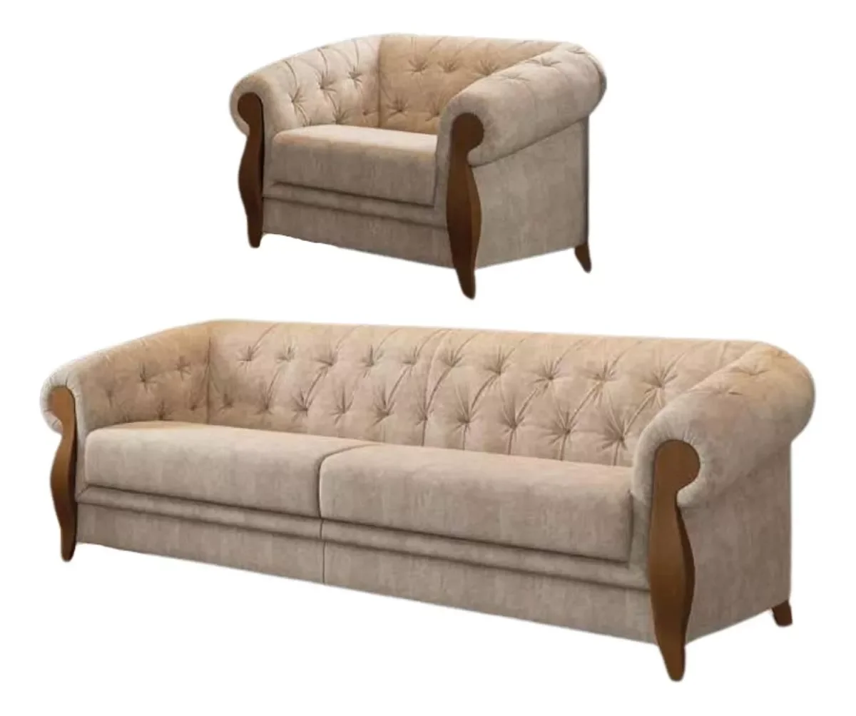Ver imagem 1 de Conjunto Estofado 2 Lug. e Poltrona Capitonê Madeira Nobre Linho Bege Adhara - Harmônica Móveis