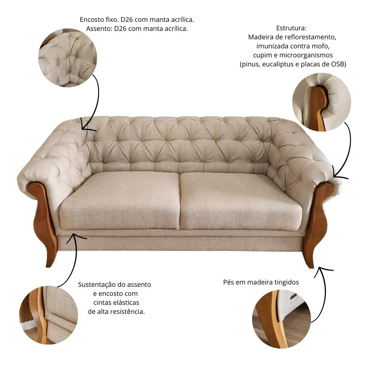 Ver imagem 7 de Conjunto Estofado 2 Lug. e Poltrona Capitonê Madeira Nobre Linho Bege Adhara - Harmônica Móveis