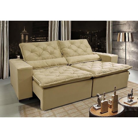 Sofá Lisboa 3,12m Retrátil, Reclinável com Molas no Assento Tecido Suede Velusoft Bege - Cama