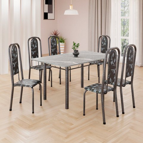 Conjunto de Mesa Retangular 140x75cm Tampo Granito Topázio 6 Cadeiras Lavínea Prata/Preto Floral/Mart