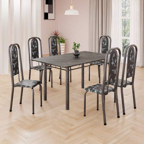 Conjunto de Mesa Retangular 140x75cm Tampo Ardósia Indiano 6 Cadeiras Lavínea Prata/Preto Floral/Mart