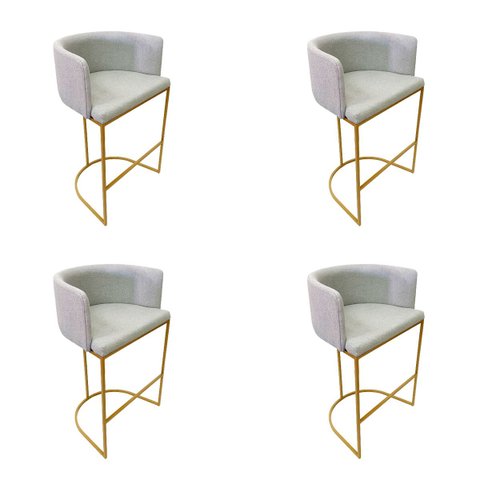 Kit 4 Banquetas Alta Decorativa Luxo Zoe Tecido Bouclé Base de Metal Dourado Fosco Poltronas do Sul