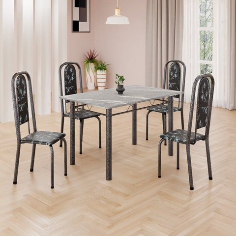 Conjunto de Mesa Retangular 120x75cm Tampo Granito Topázio 4 Cadeiras Lavínea Prata/Preto Floral/Mart