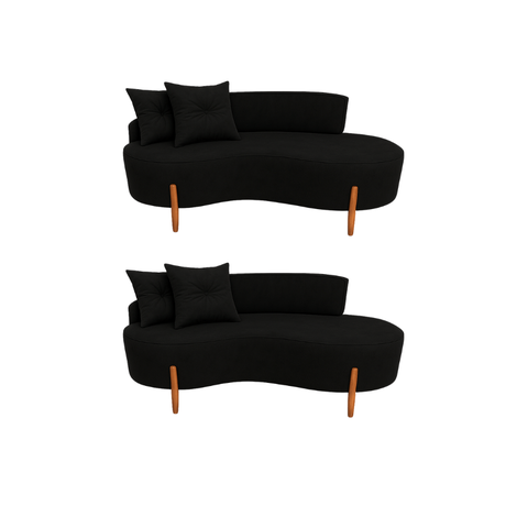 Kit 02 Sofá Orgânico 2 Lugares C/2 Almofadas Curvo Sala Recepção Veludo Preto - Montanaris Decor