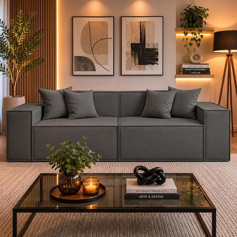 Sofá 3 Lugares Modular 2MTS Bouclê para Sala - Balaqui Decor Cor:Grafite