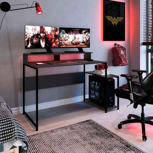 Mesa Gamer para 2 Monitores Industrial com Nicho para Cpu Preto Grafite