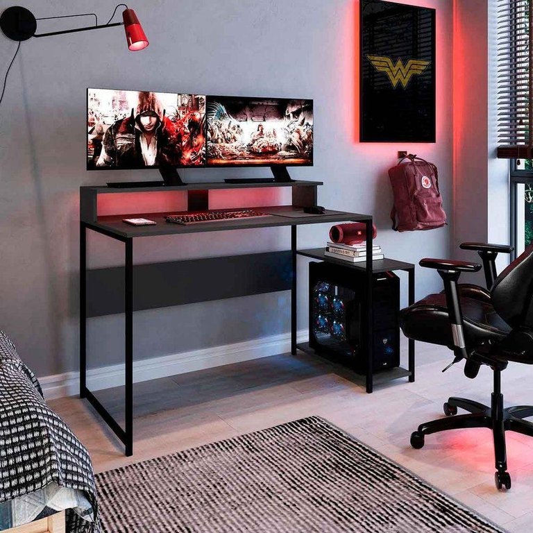 Mesa Gamer para 2 Monitores Industrial com Nicho para Cpu Preto Grafite