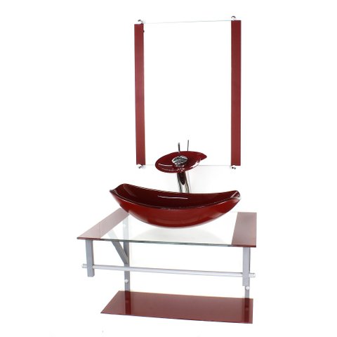 GABINETE DE VIDRO PARA BANHEIRO 60CM AC CUBA OVAL CHANFRADA VERMELHO CEREJA COM TORNEIRA CASCATA