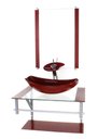 Ver imagem 1 de GABINETE DE VIDRO PARA BANHEIRO 60CM AC CUBA OVAL CHANFRADA VERMELHO CEREJA COM TORNEIRA CASCATA