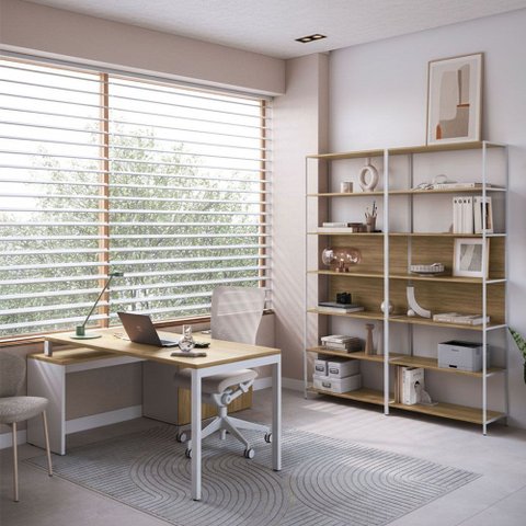 Mesa Escritório em L com Balcão e 2 Estantes Industrial Idea A03 Nogal Sevilha Branco - Lyam Decor
