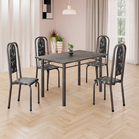 Conjunto de Mesa Retangular 120x75cm Tampo Ardósia Indiano 4 Cadeiras Lavínea Prata/Preto Floral/Mart