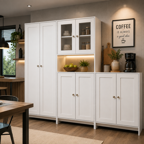 Conjunto Cozinha 3 Peças com Balcão e Paneleiro 8 Portas 8 Prateleiras Branco - Decibal Móveis