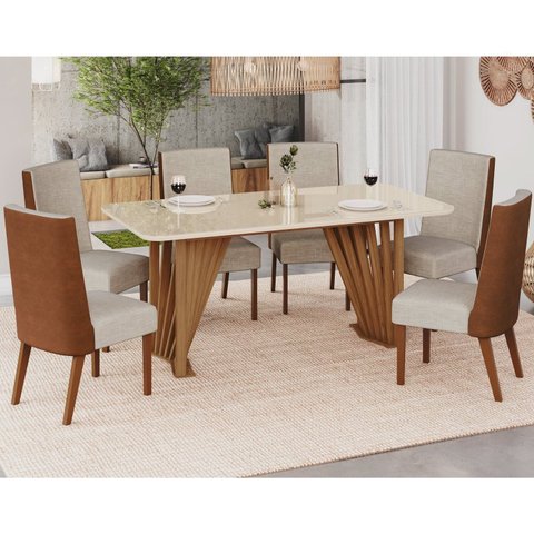 Conjunto Sala Jantar Adriana 180 cm 6 Cadeiras Anne Canto Arredondado com Vidro Off White/Nature/Caramelo