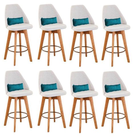 Kit 08 Banquetas Linho Bege E Almofada Azul Turquesa