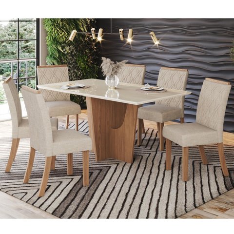 Conjunto Sala Jantar Vértice 160cm Canto Reto com Vidro + 6 Cadeiras Vita Bege/Nature/Off White
