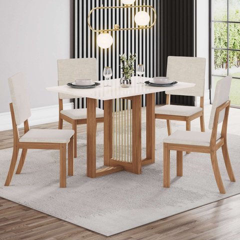 Conjunto Sala de Jantar 4 Lugares Retangular Tampo de MDF Natalí Cadeiras Milla Off White/Nature