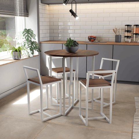 Conjunto Mesa Redonda 4 Cadeiras Pequena Imbuia Industrial White