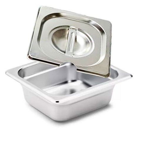 Conj 5 Cubas Gastronômicas em Inox Gn 1/6x65 Mm 1 Litro + 5 Tampas 1/6 em Inox com Abertura Sb 1/6 C