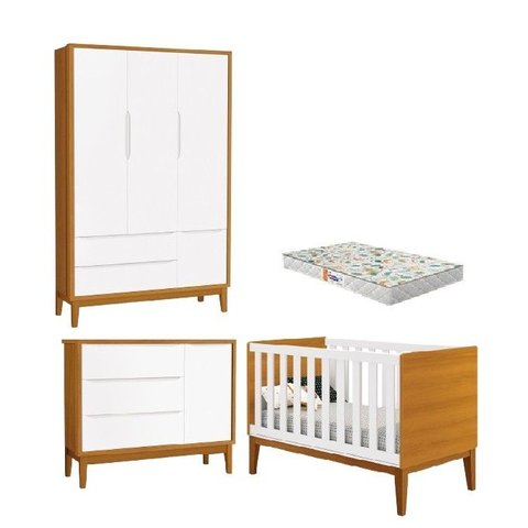 Quarto de Bebê 3 Portas New Classic Branco com Pés Madeira e Colchão - Reller:Brancosavana/Madeira