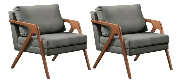 Kit 02 Poltronas Decorativa Mona Luxo Base de Madeira Maciça Sala Recepção Veludo Grafite do Lar Móv