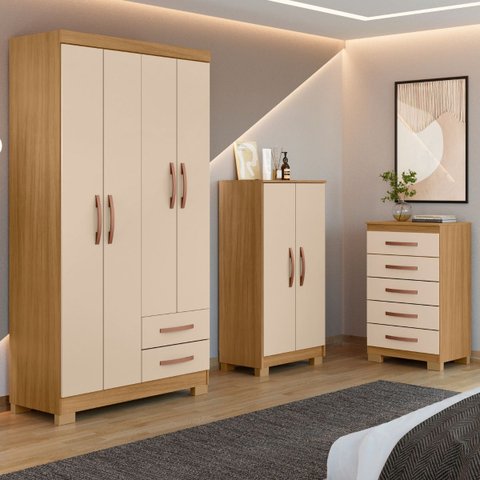 Guarda Roupa 4 Portas com Multiuso 2 Portas e Comoda 5 Gavetas Carvalho Off White Clique Chique