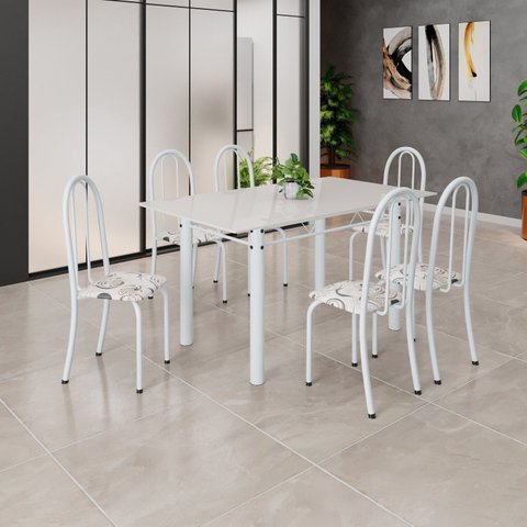 Conjunto de Mesa Tubular 140cm x 75cm Tampo em Vidro com 6 Cadeiras Iris B Bege/Branco