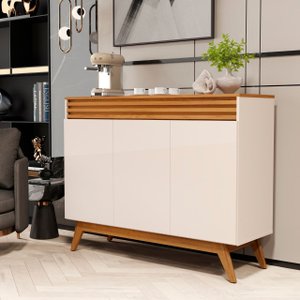 Balcão Aparador Buffet Florence Ripado Mdf 3 Porta Pé Palito:off White/nature