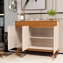 Balcão Aparador Buffet Florence Ripado Mdf 3 Porta Pé Palito:off White/nature - 3