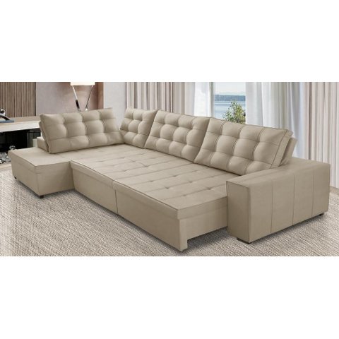Sofá de Canto Retrátil e Reclinável com Molas 3,00x2,00 Esq Berlim Suede Bege Mirra Decor