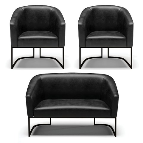 Sofá Namoradeira e 2 Poltronas Base Industrial Preto Stella Corano Preto D03 - D'Rossi