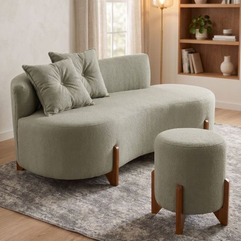 Conjunto Sofá Curvo Orgânico + 01 Puff Luna Boucle Verde Menta - Montanaris Decor