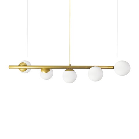 Lustre Pendente Figo Ouro - 5 Globos Esfera de Vidro Branco