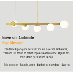 Lustre Pendente Figo Ouro - 5 Globos Esfera de Vidro Branco - 8