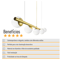 Lustre Pendente Figo Ouro - 5 Globos Esfera de Vidro Branco - 7