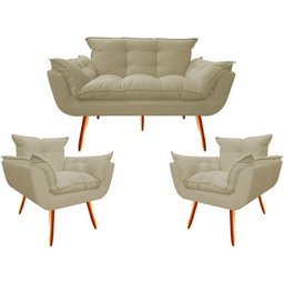 Kit Namoradeira + 2 Poltronas Decorativa Opala Suede Bege - Twdecora - 1