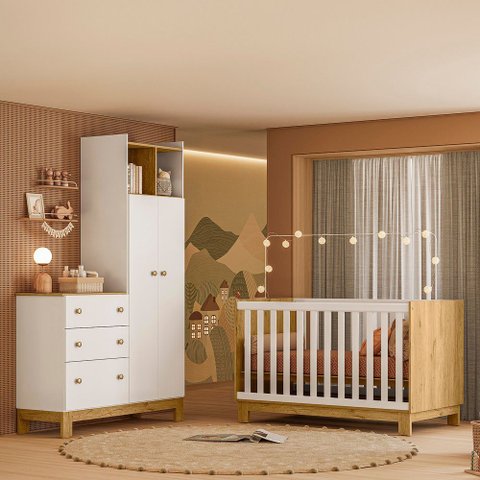 Berço Mini Cama e Roupeiro com Cômoda Qencanto Slim Freijó Branco Acetinado Qmovi + Colchão Ortobom