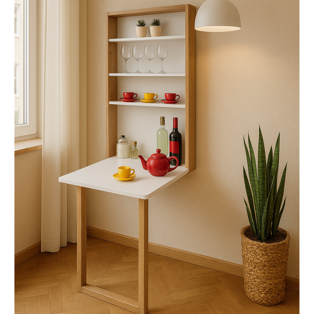 Mesa Dobrável Retrátil de Parede com Prateleiras:branco