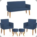 Ver imagem 1 de Kit Namoradeira Decorativa + 2 Poltronas Para Sala Reforçadas + 2 Puff Redondo Suede Azul-Marinho