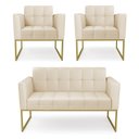 Ver imagem 1 de Kit 1 Sofá Namoradeira e 2 Poltronas Elisa Corino Bege Base Metálica Industrial Dourado - D'Rossi