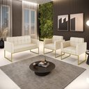 Ver imagem 2 de Kit 1 Sofá Namoradeira e 2 Poltronas Elisa Corino Bege Base Metálica Industrial Dourado - D'Rossi