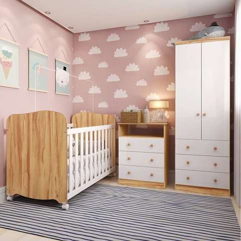 Quarto de Bebê Berço Americano Guarda-Roupa e Cômoda MDF Teka Espresso Móveis Branco Brilho/Amêndoa
