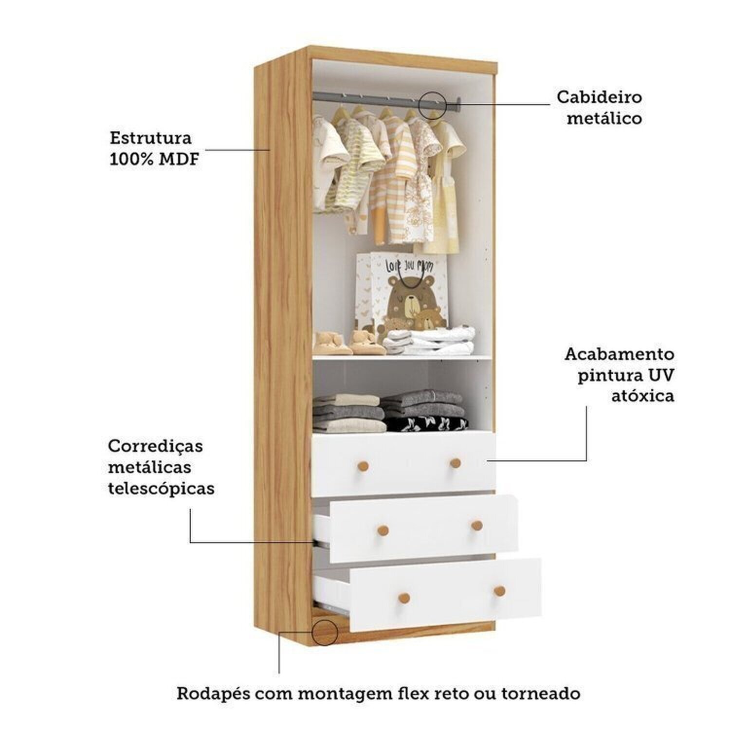 Quarto de Bebê Completo com Berço Americano Guarda Roupa Cômoda 100% Mdf Teka Espresso Móveis - 7