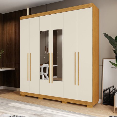 Guarda-Roupa Casal 6 Portas com Espelho 199cm Willow Espresso Móveis Off White/Cinamomo