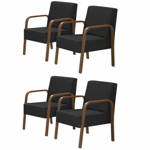 Kit 4 Poltronas 1 Lugar Jade Pé Madeira Suede Preto