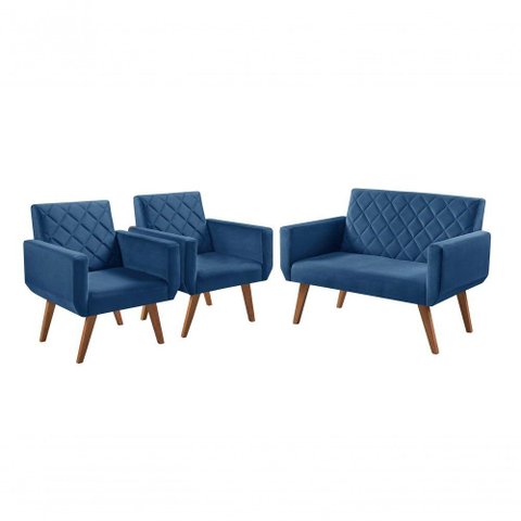 Conjunto Anabelle 2 Poltronas de 1 Lugar 1 Poltrona 2 Lugares Braço Unidecor Azul Bic