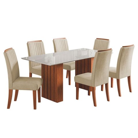 Conjunto de Mesa Sala de Jantar Ripada Tampo com Vidro Santiago 1,80m 6 Cadeiras Grécia Dobuê