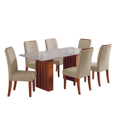 Conjunto de Mesa Sala de Jantar Ripada Tampo com Vidro Santiago 1,80m 6 Cadeiras Grécia Dobuê
