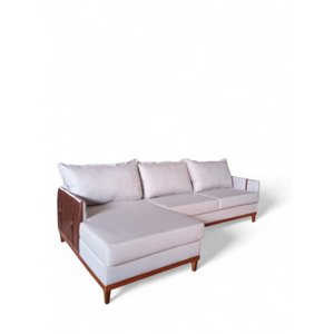 Sofá Évora 4 Lugares com Chaise Lado Esquerdo Linho M01/couro Ecológico com Cinto