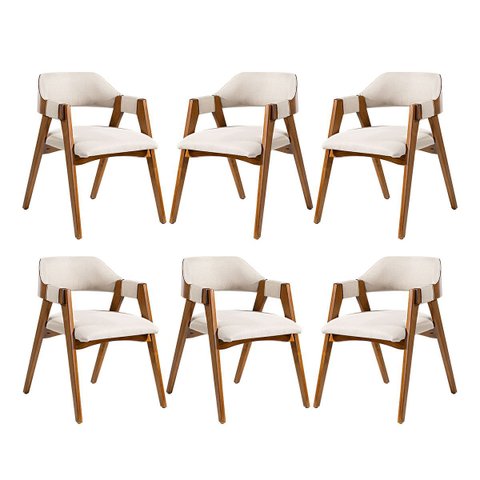 Kit 6 Cadeiras com Encosto Curvado para Mesa de Jantar Lua com Estofado Linho Bege L60rmi